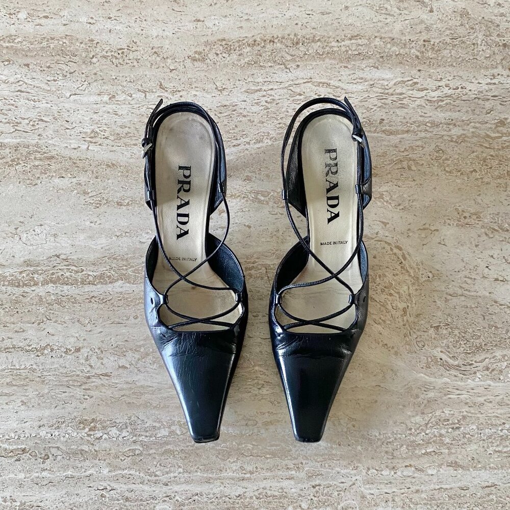 Vintage Prada Lace Up Slingback Kitten Heels